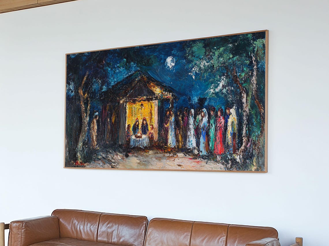 Moonlit Nativity Stable Golden Glow Abstract Christmas Art Poster - Image 6