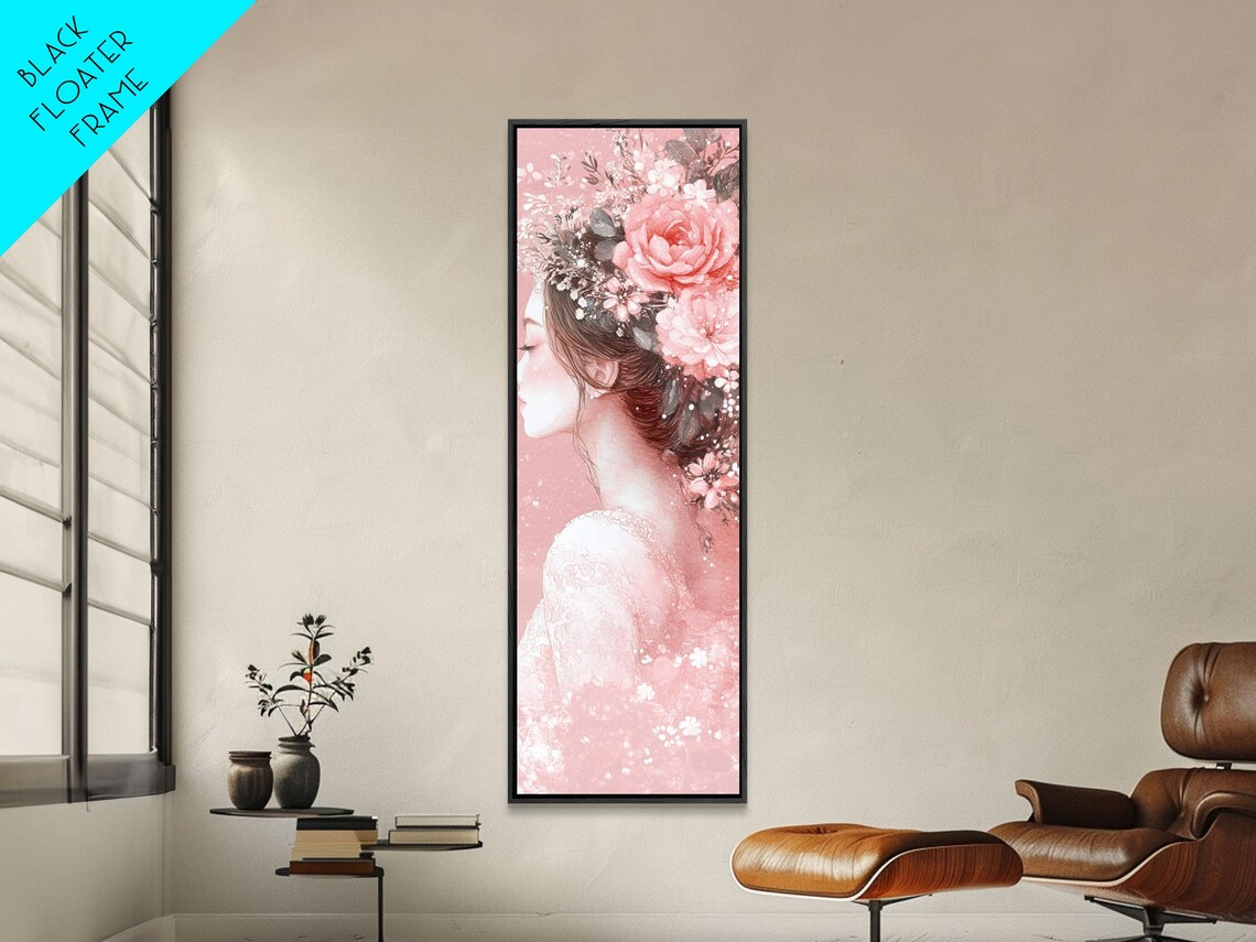 Floral Woman Portrait Pink Roses Watercolor Painting Vertical Wall Art
