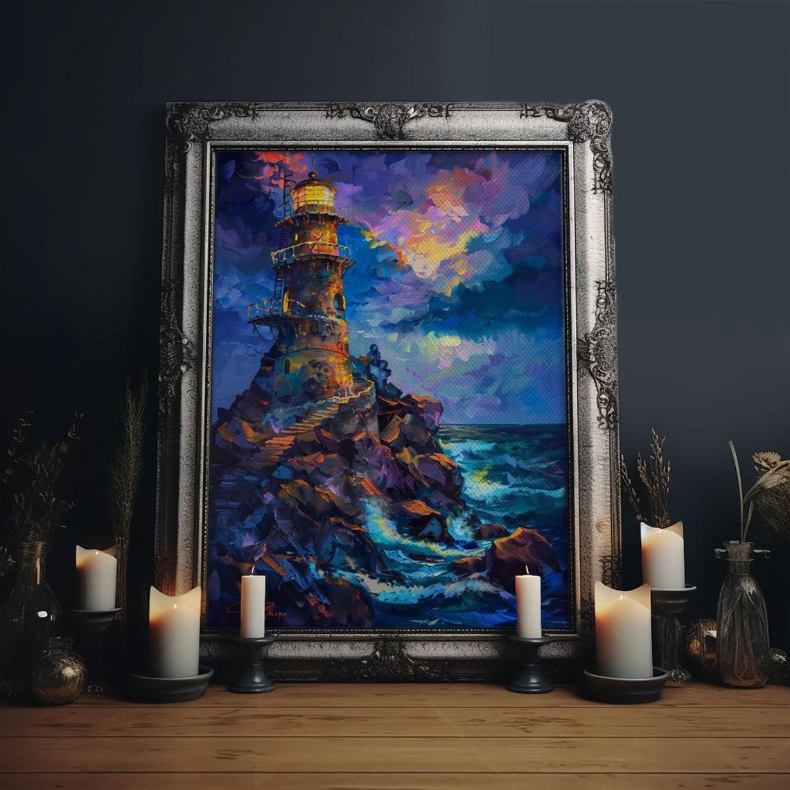 Stormy Lighthouse On Rocky Cliff Vivid Sunset Seascape Art Poster