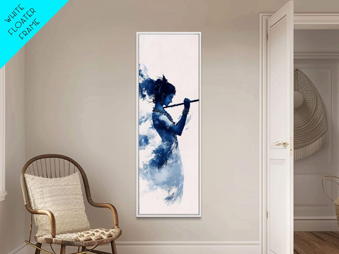 Krishna Playing Flute Blue Watercolor Hindu Devotional Art Poster - Image 5
