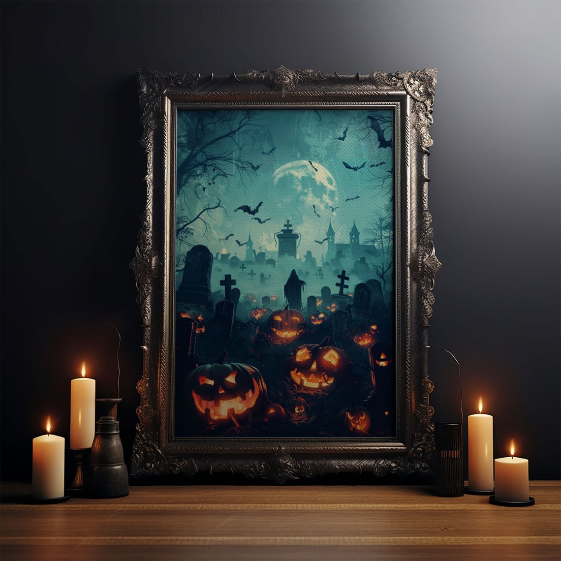 Bats And Jack O Lanterns Foggy Graveyard Full Moon Art Poster - Image 3