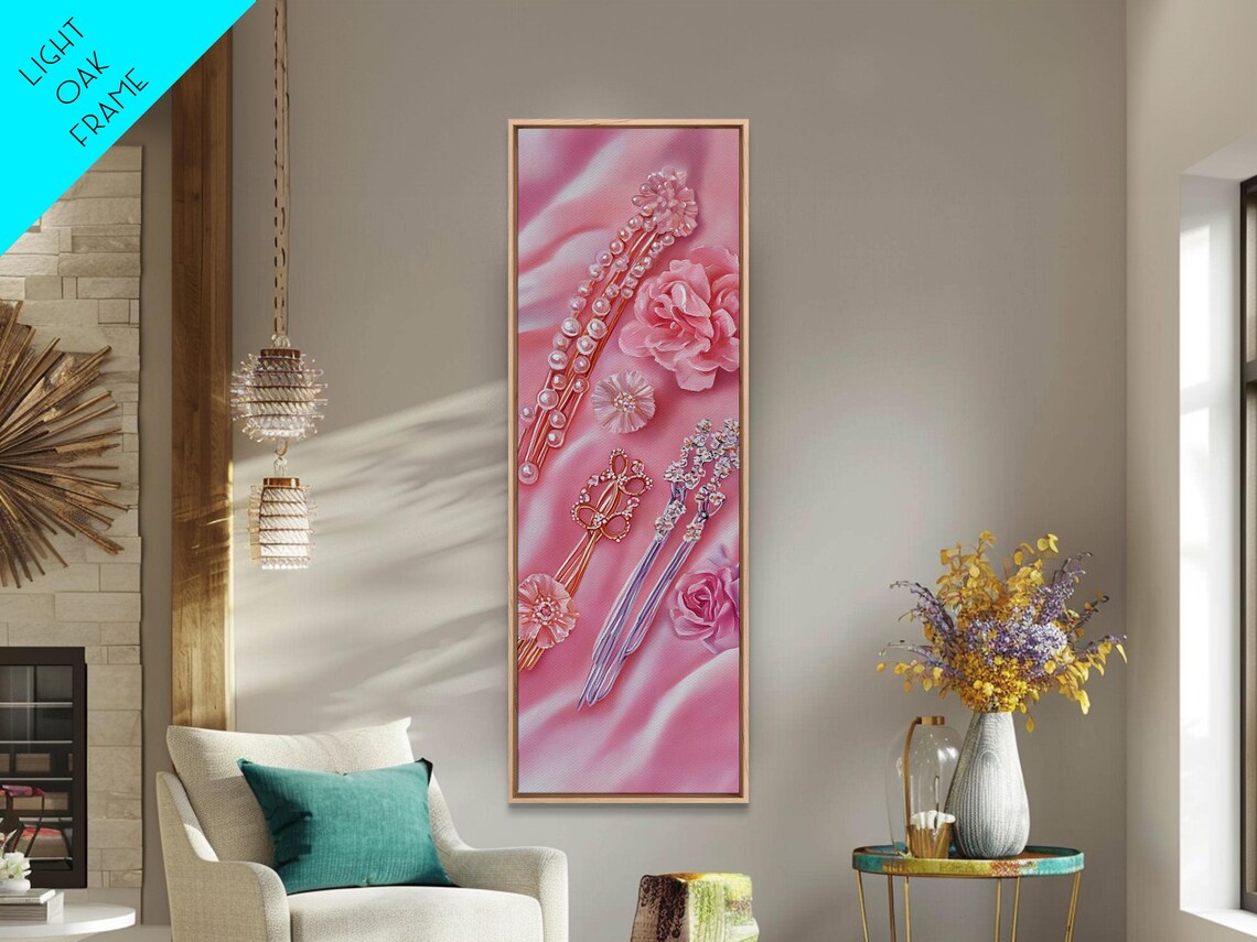 Pink Pearl Hairpins Flowers Silk Watercolor Feminine Art Poster - Image 2
