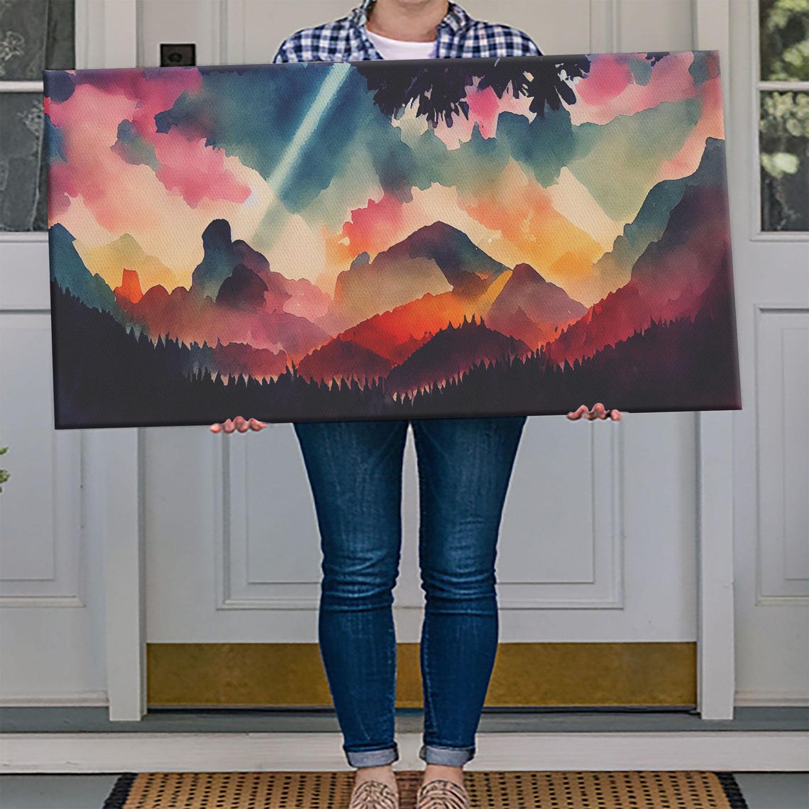 Vibrant Watercolor Mountain Peaks Pink Teal Orange Sunset Sky Poster - Image 4