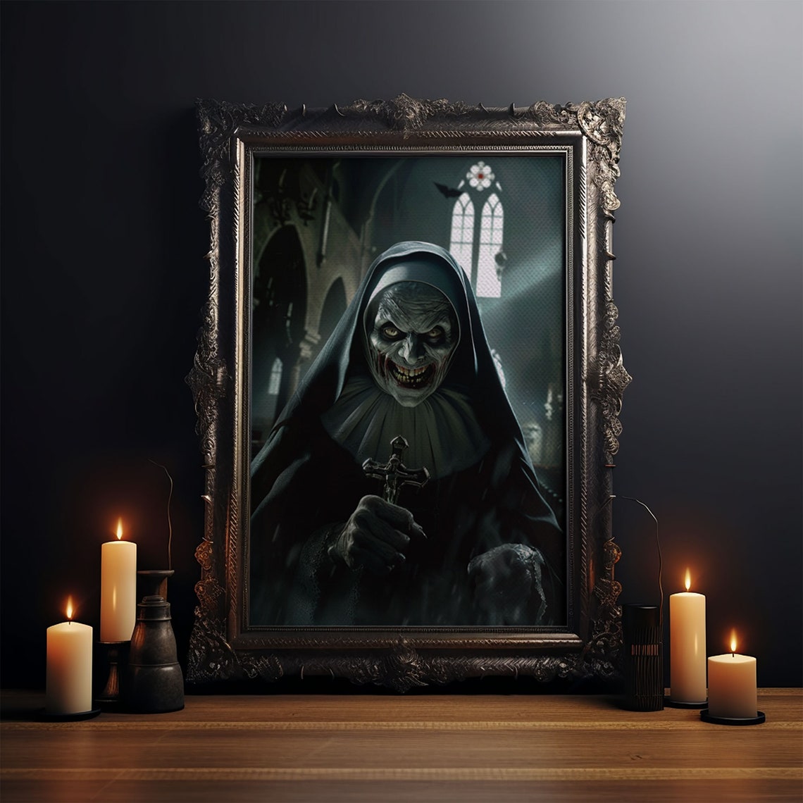 Sinister Grinning Nun With Crucifix In Haunted Church Horror Poster - Image 4