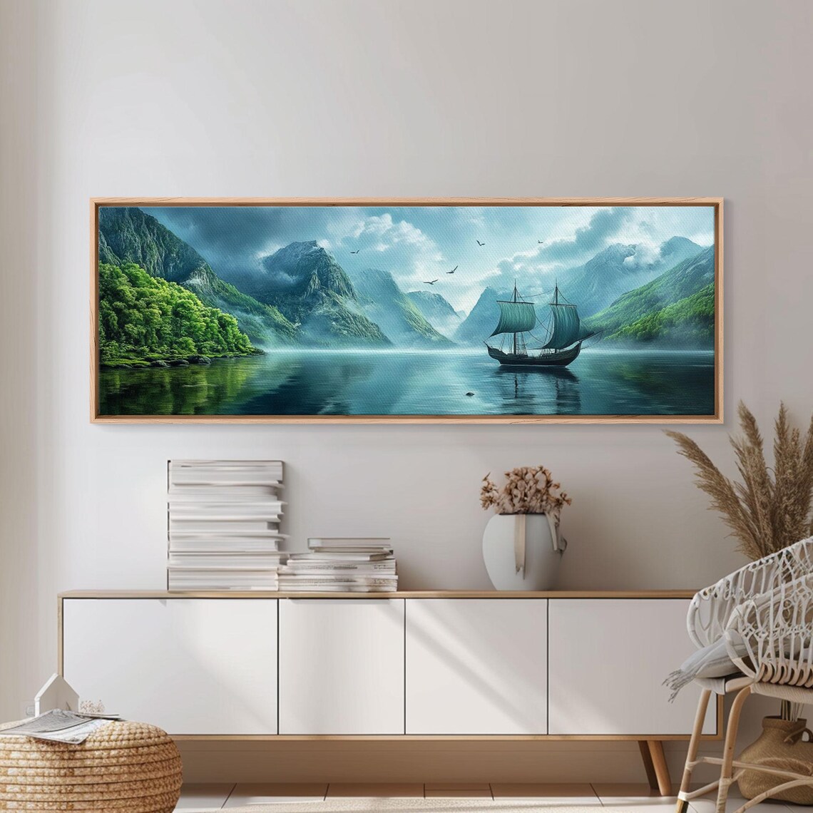 Misty Mountain Fjord Sailing Ship Fantasy Bay Oil Painting Poster - Image 2