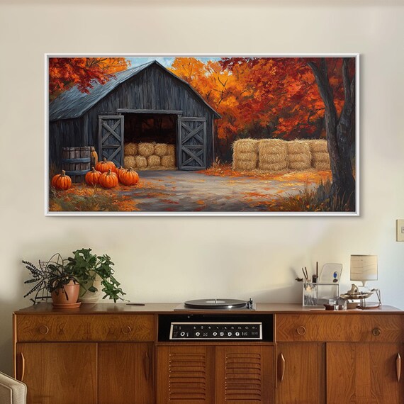 Rustic Dark Barn Hay Bales Pumpkins Blazing Red Autumn Trees Harvest Scene Poster