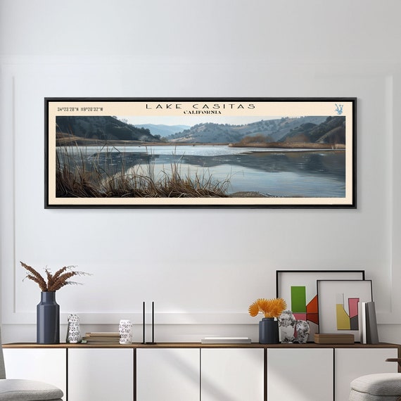 Lake Casitas California Framed Print Lake House Art Panoramic Wall Art Travel Poster Stunning Lake Painting Home Decor