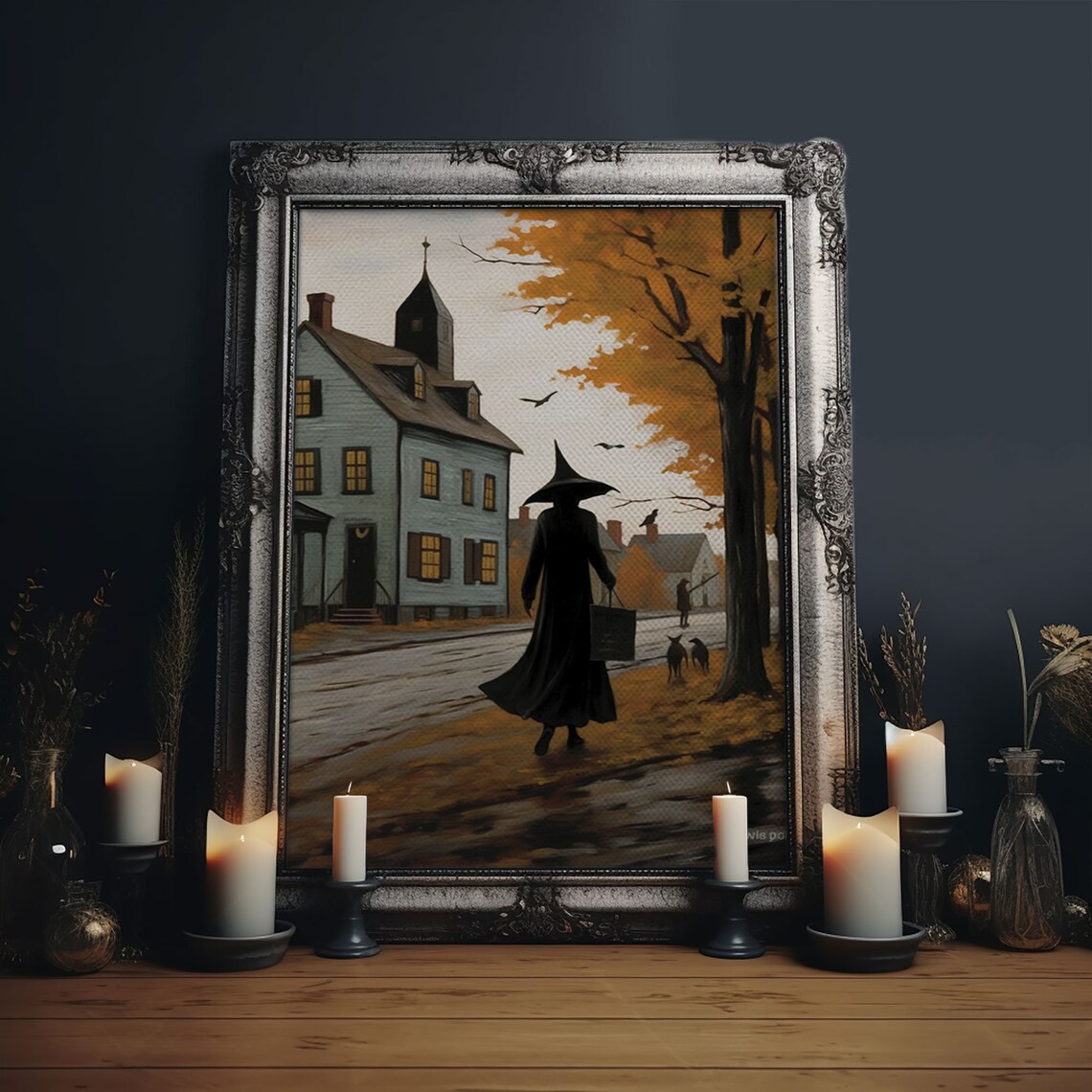 Salem Witch With Black Cats, Vintage Halloween Art Print