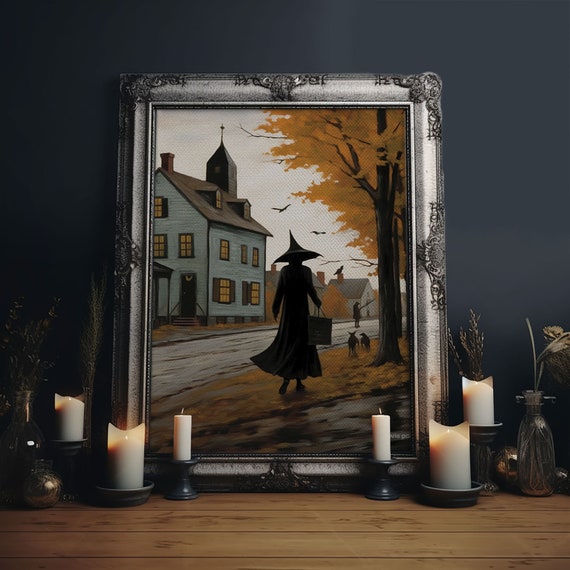 Salem Witch With Black Cats, Vintage Halloween Art Print