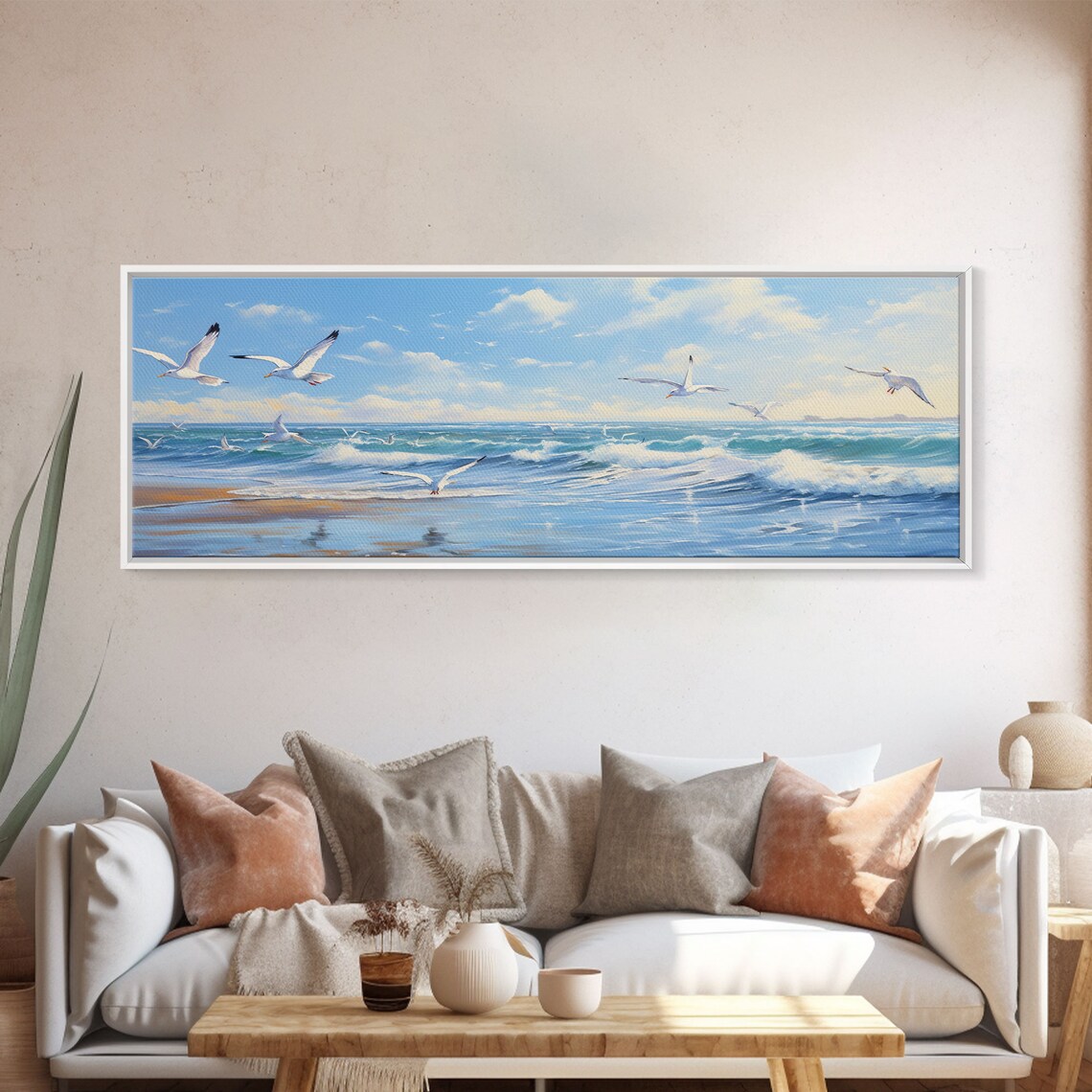 Blue Beach Ocean Waves and Seagulls Panoramic Art Print - Image 5
