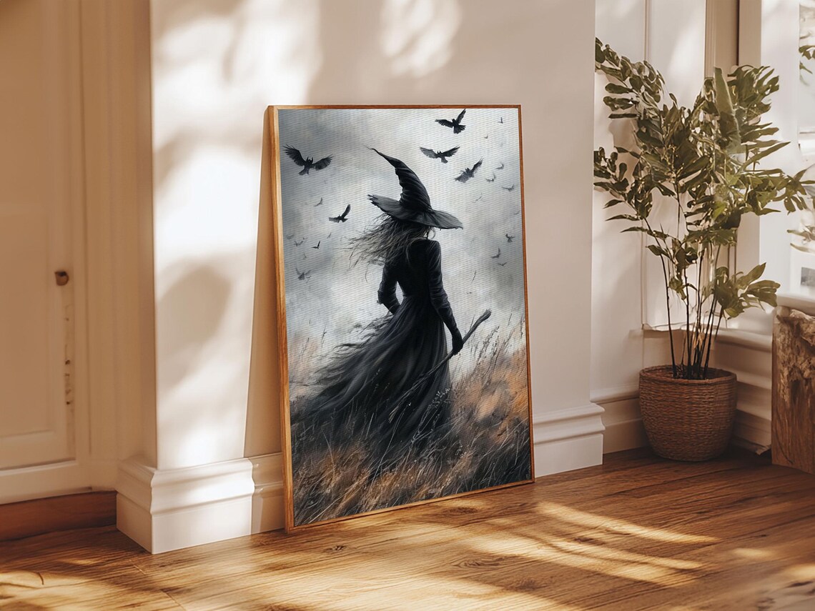 Gothic Witch With Crows Dark Field Spooky Halloween Wall Art Print Poster - Image 3