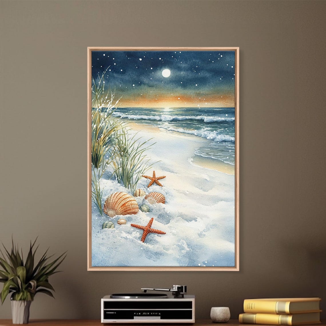 Moonlit Beach At Night With Seashells Starfish And Ocean Waves Poster - Image 4