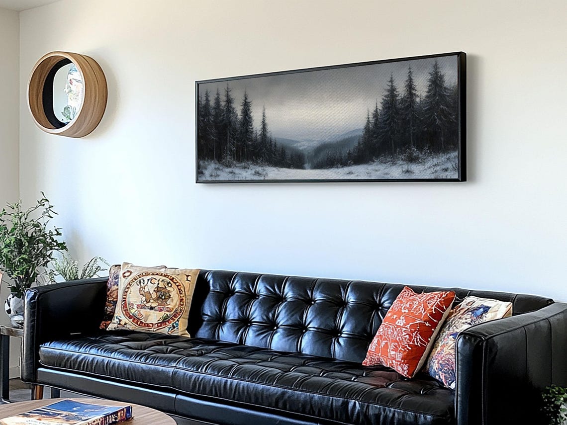 Black And White Snowy Pine Forest Bleak Winter Panoramic Print