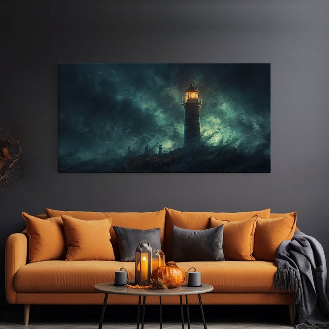 Haunted Lighthouse In Stormy Night Sea Spooky Halloween Art Print - Image 3