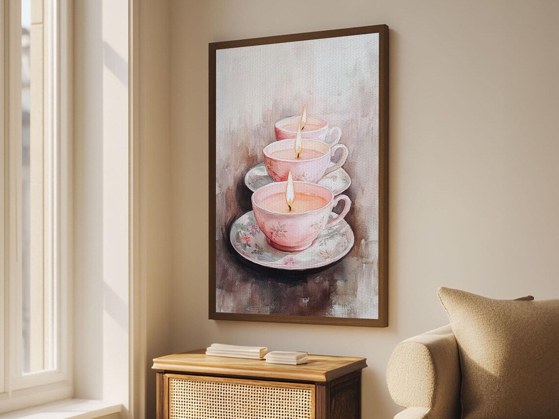Pink Teacup Candles Watercolor Trio Floral Saucers Cozy Wall Poster - Image 4