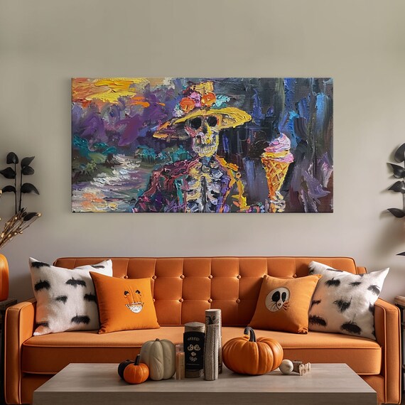 Skeleton In Flower Hat Holding Ice Cream Colorful Whimsy Art Poster