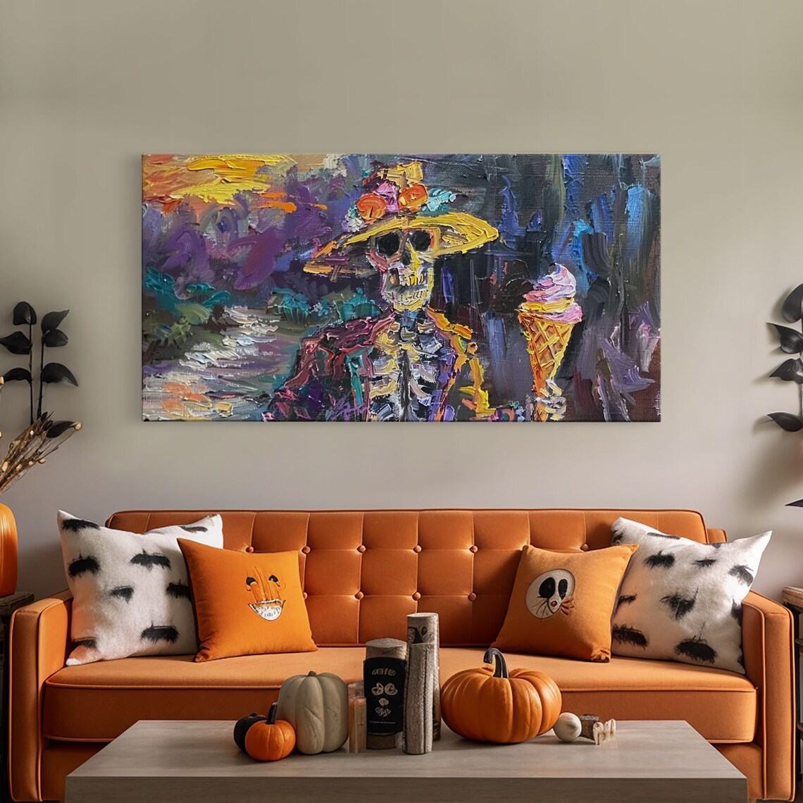 Skeleton In Flower Hat Holding Ice Cream Colorful Whimsy Art Poster