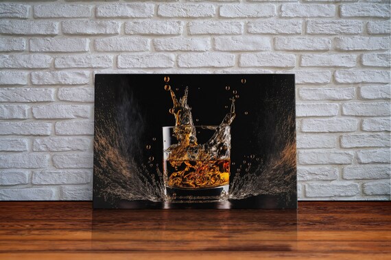Ice Falling Into Whiskey Glass Splash Dramatic Amber Bar Drink Art Poster