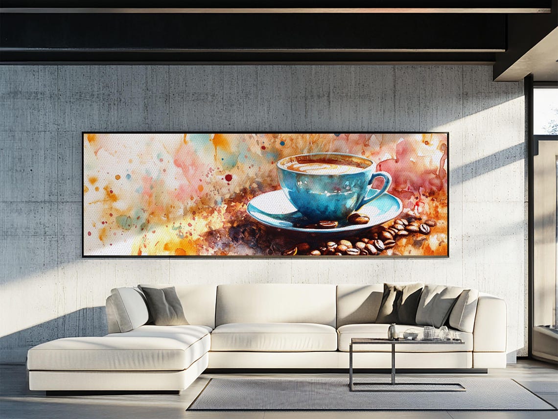 Latte Art Coffee Cup Watercolor Panoramic Colorful Kitchen Wall Poster - Image 3