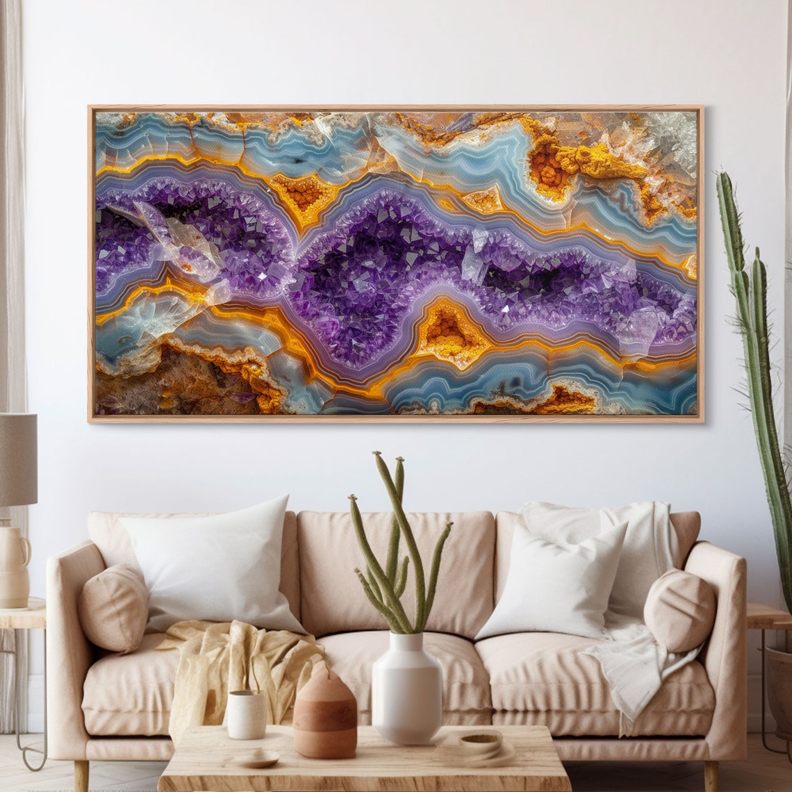 Purple Amethyst Geode Crystal Orange Banded Agate Stone Wall Art - Image 3