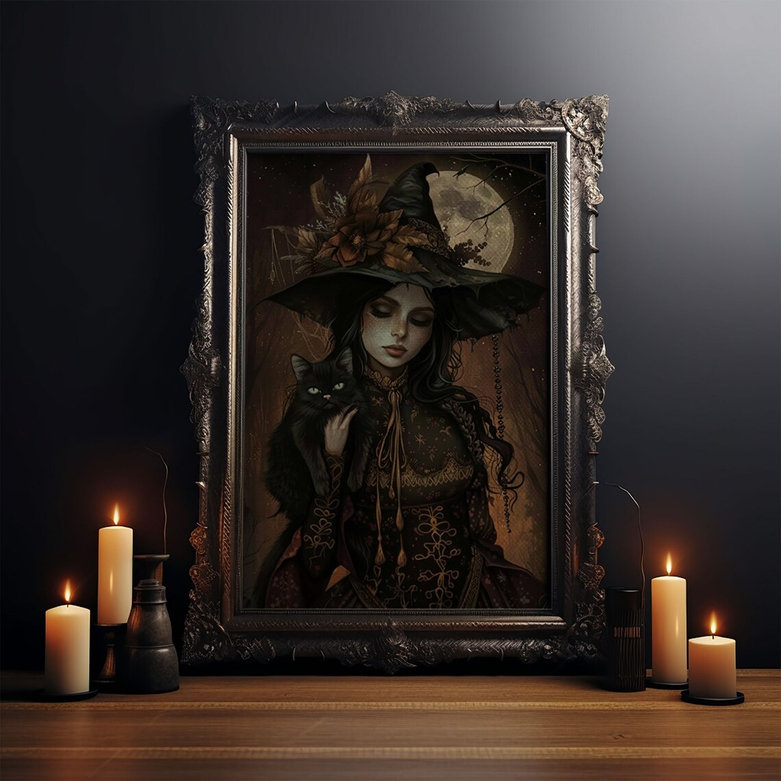 The Witch And Black Cat, Spooky Victorian Art Print - Image 3