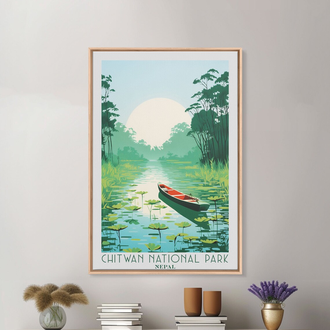 Chitwan National Park Nepal Jungle River Canoe Lily Pads Sunrise Travel Poster - Image 3