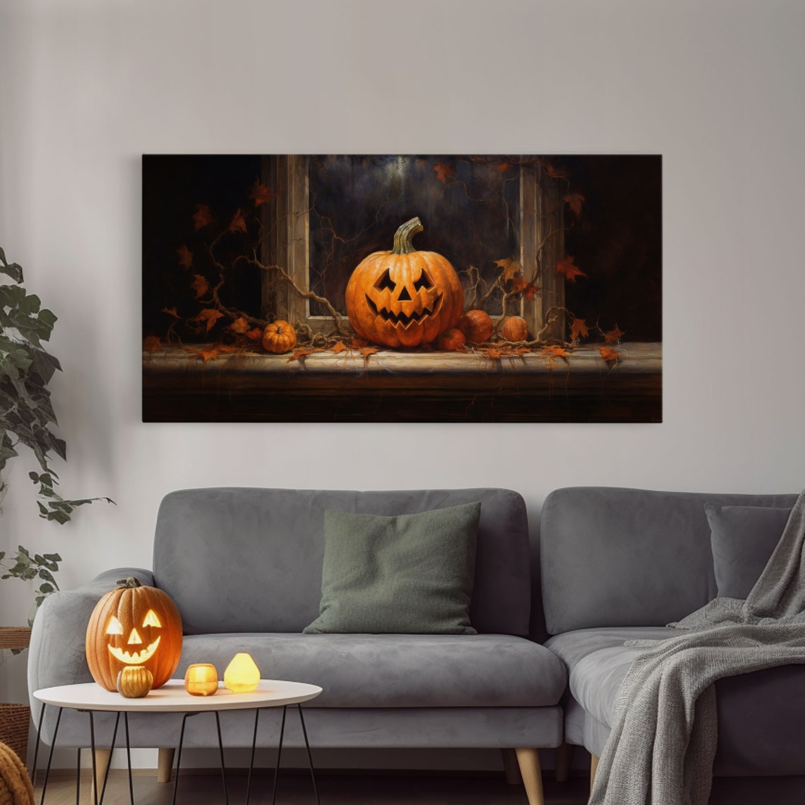 Jack O Lantern On Moonlit Window Sill With Vines Halloween Print - Image 3