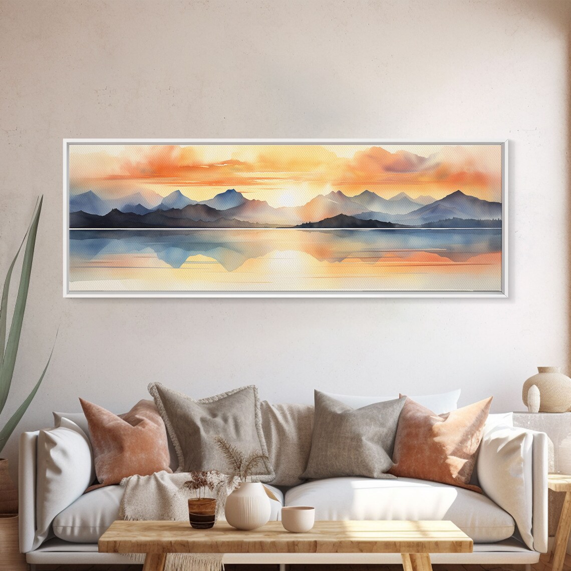 Mountain Lake Sunset Watercolor Blue Peaks Golden Reflection Print