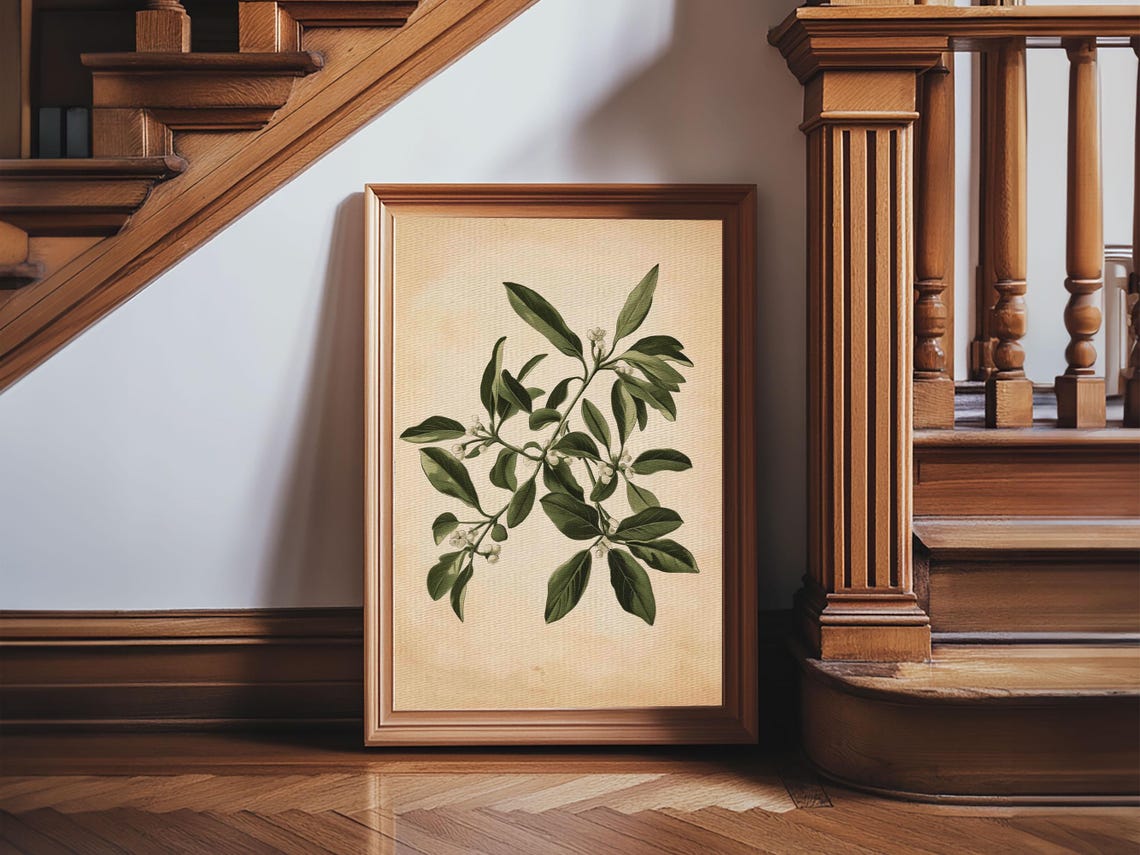 Vintage Botanical Green Leaves White Blossoms On Beige Paper Poster - Image 2
