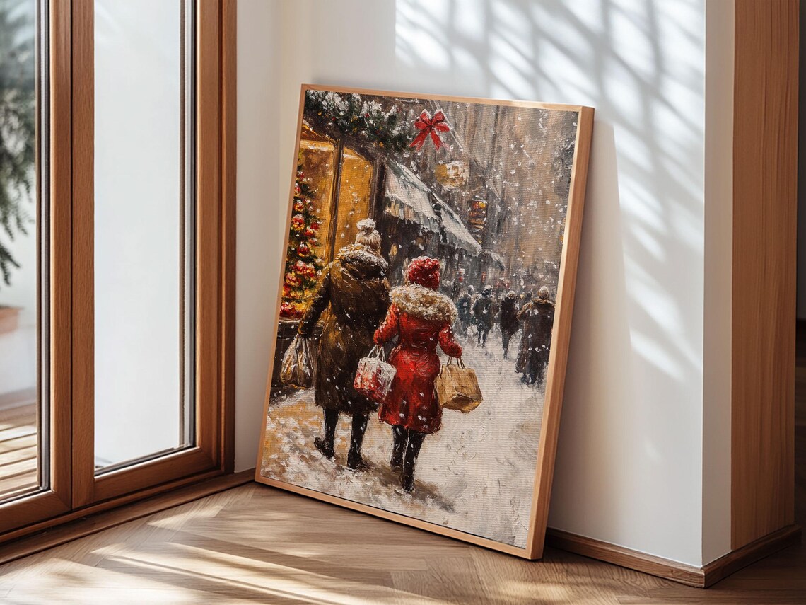 Snowy Christmas Shopping Street Vintage Holiday Scene Wall Art