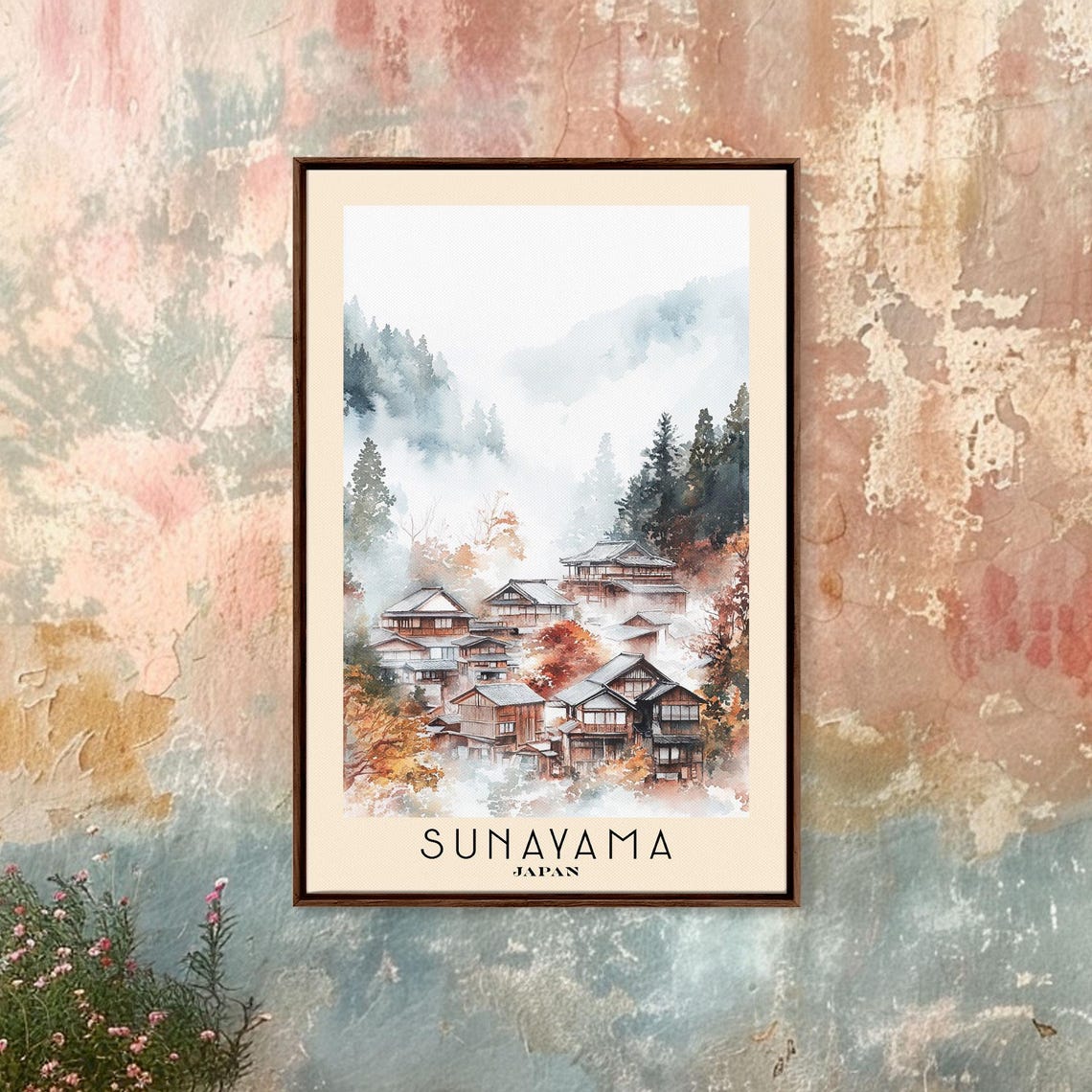 Sunayama Japan Misty Mountain Village Autumn Foliage Watercolor Poster - Image 4