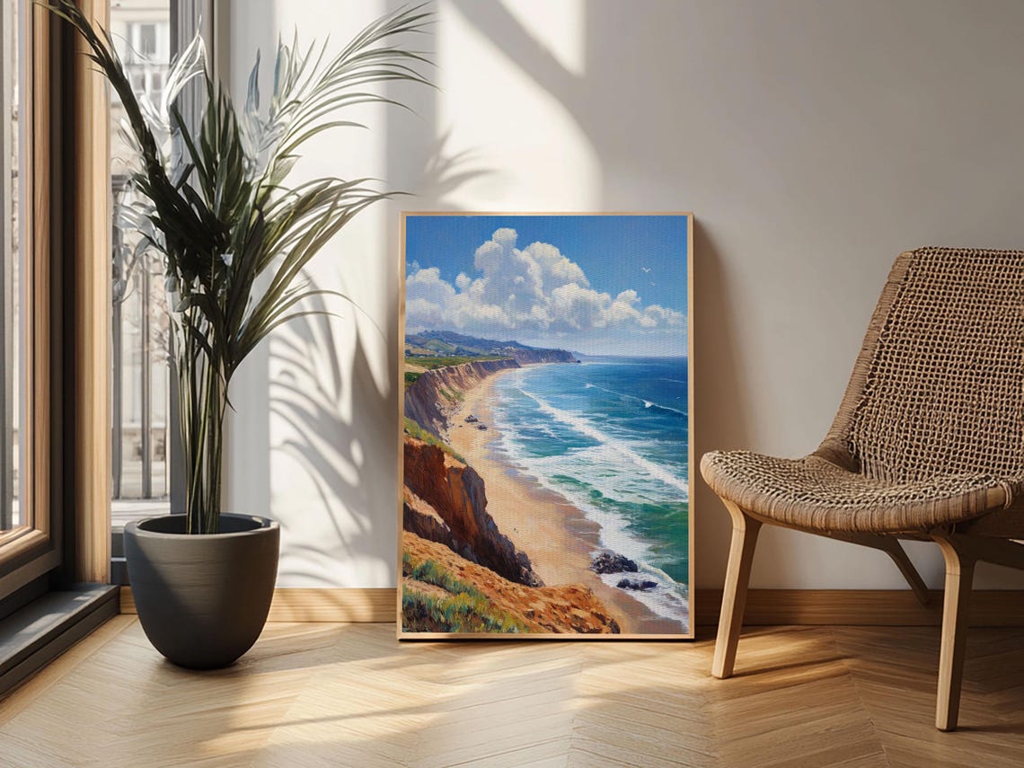 Coastal Cliffs Golden Beach Blue Ocean Waves Scenic Coast Art Poster