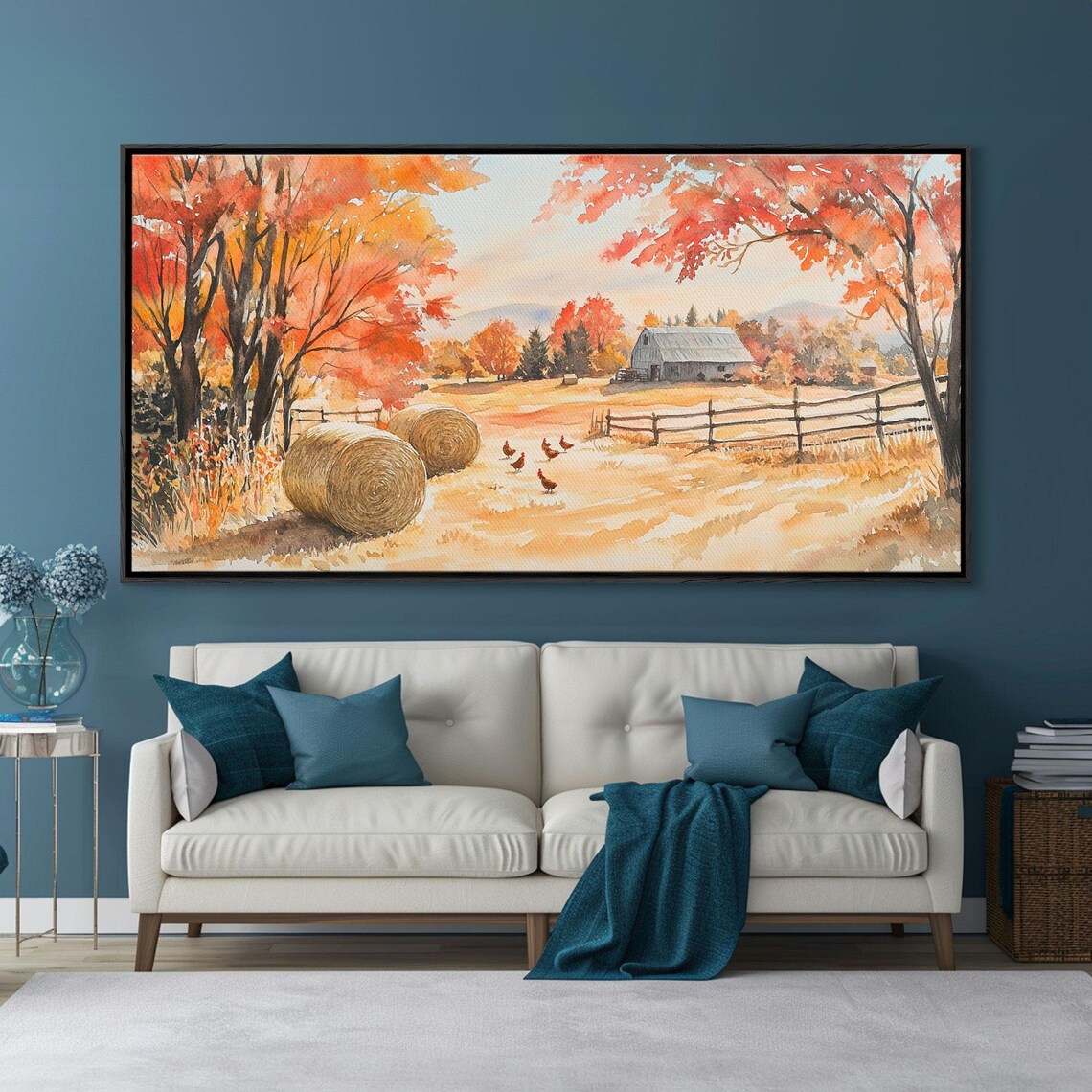 Autumn Farm Scene With Hay Bales Chickens And Old Barn Art Print - Image 2