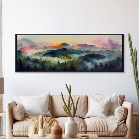 Watercolor Sunset Landscape, Emerald Green Art Print