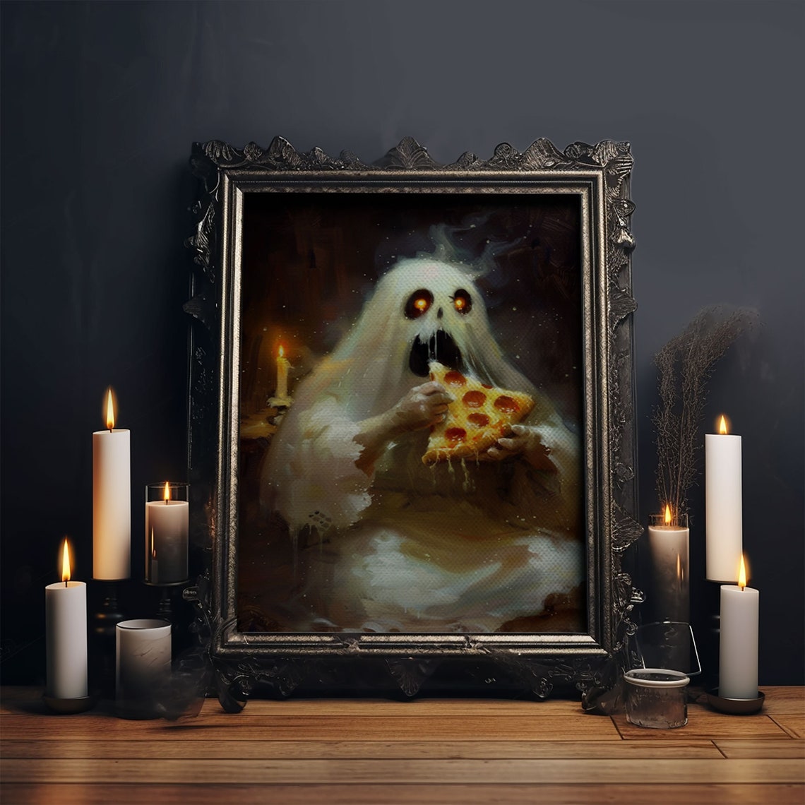 Hungry Ghost Eating Pepperoni Pizza Spooky Funny Candlelit Poster - Image 5