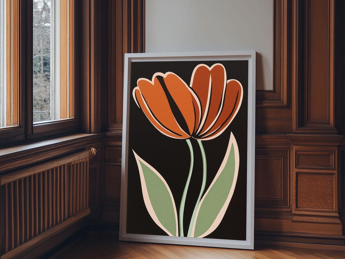 Orange Tulip With Black Background Framed Print Cute Floral Print Botanical Minimalist Home Decor - Image 3
