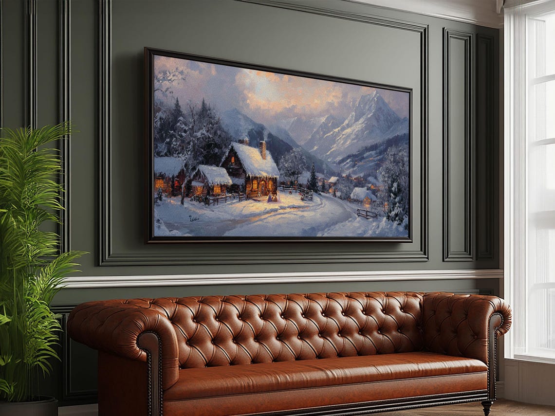 Snowy Mountain Cabin Village At Golden Sunset Christmas Poster - Image 3