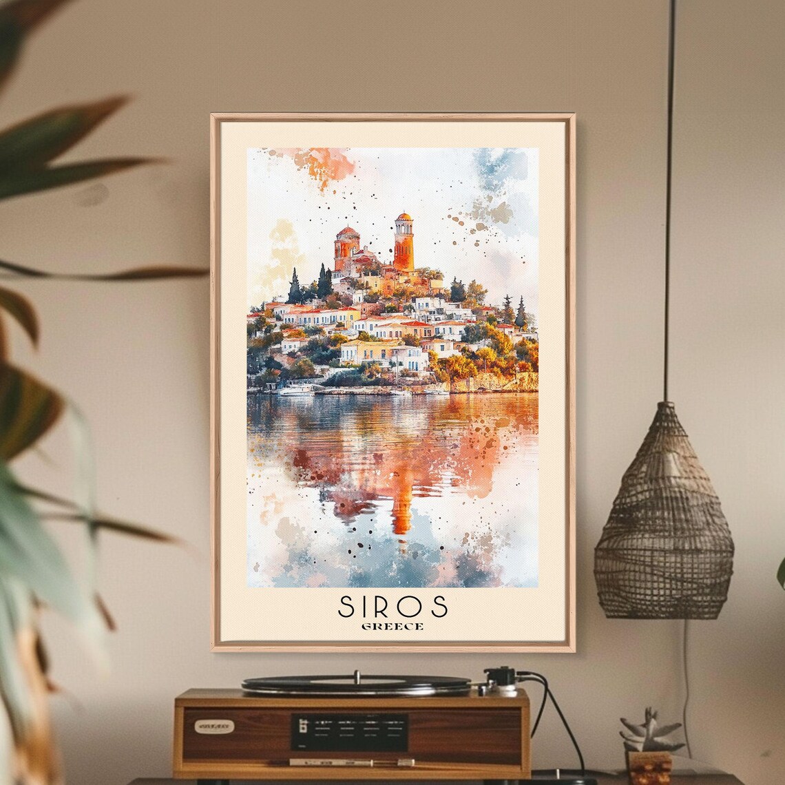 Siros Greece Hilltop Churches Harbor Town Warm Reflection Watercolor Poster - Image 3