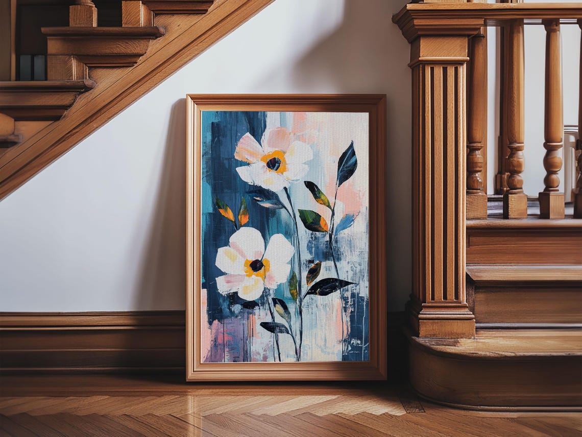 White Anemone Flowers Abstract Blue Oil Painting Floral Print - Image 6