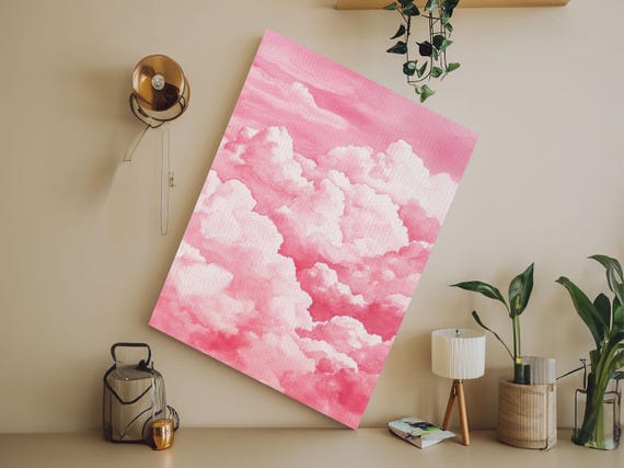 Pink Cloudscape Print Light Pink Wall Art Above Bed Artwork Cottagecore Decor Wabi Sabi Landscape Painting Rustic Art