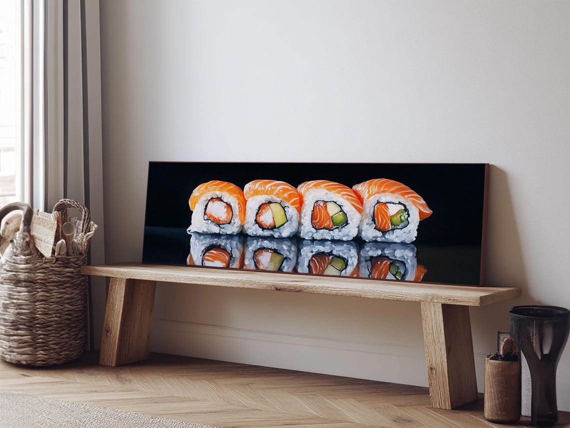 Salmon Sushi Rolls Row On Black Modern Kitchen Panoramic Art Poster - Image 6