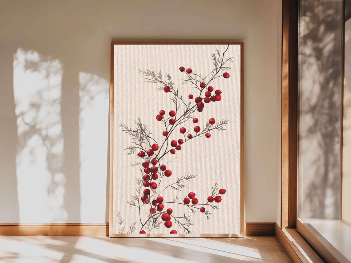 Holly Berries Branch Botanical Minimalist Christmas Wall Art Poster - Image 6