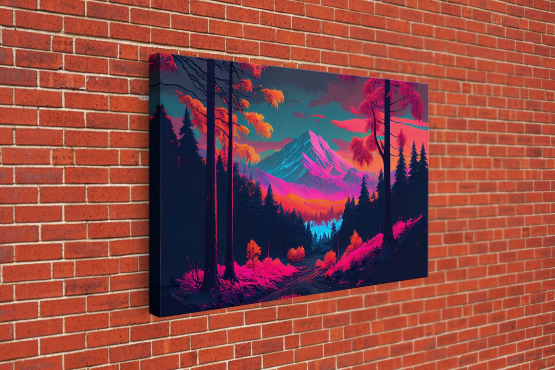 Synthwave Mountain and Forest Watercolor Art Print - Image 3