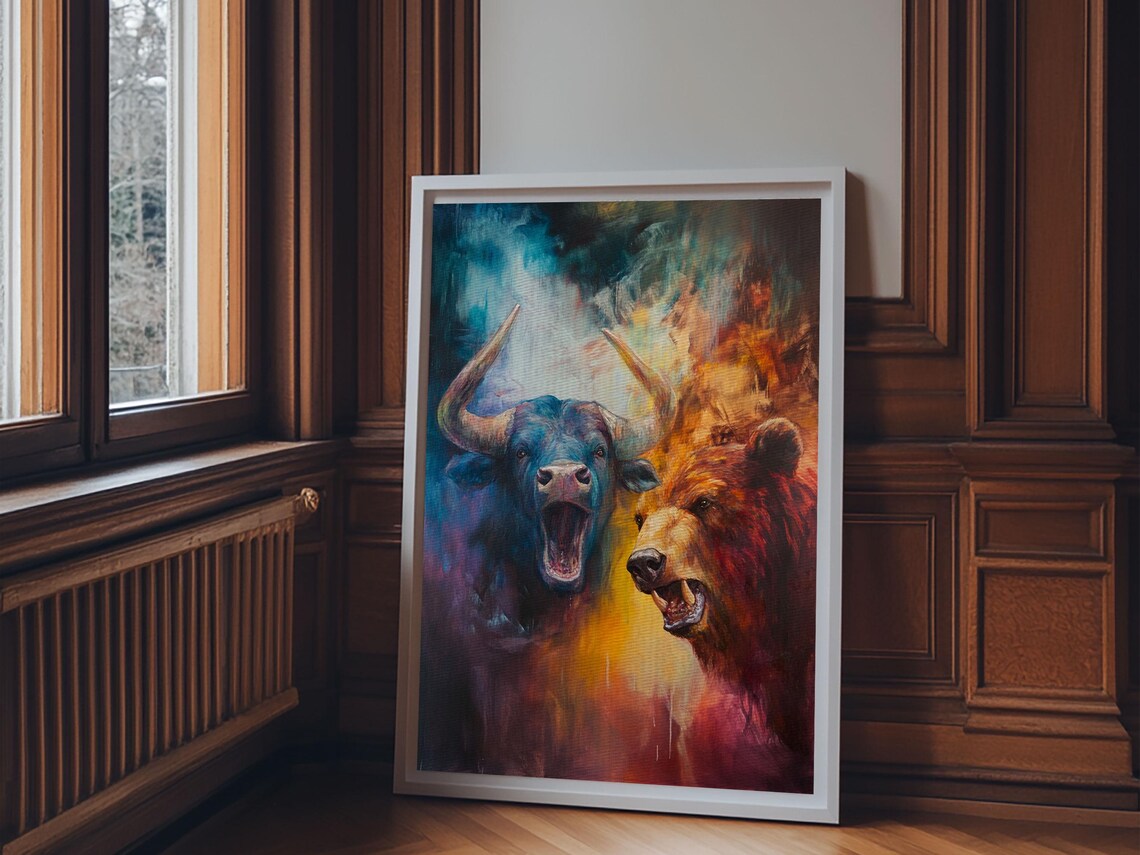 Bull Versus Bear Face Off Fiery Stock Market Animal Battle Art Poster - Image 2