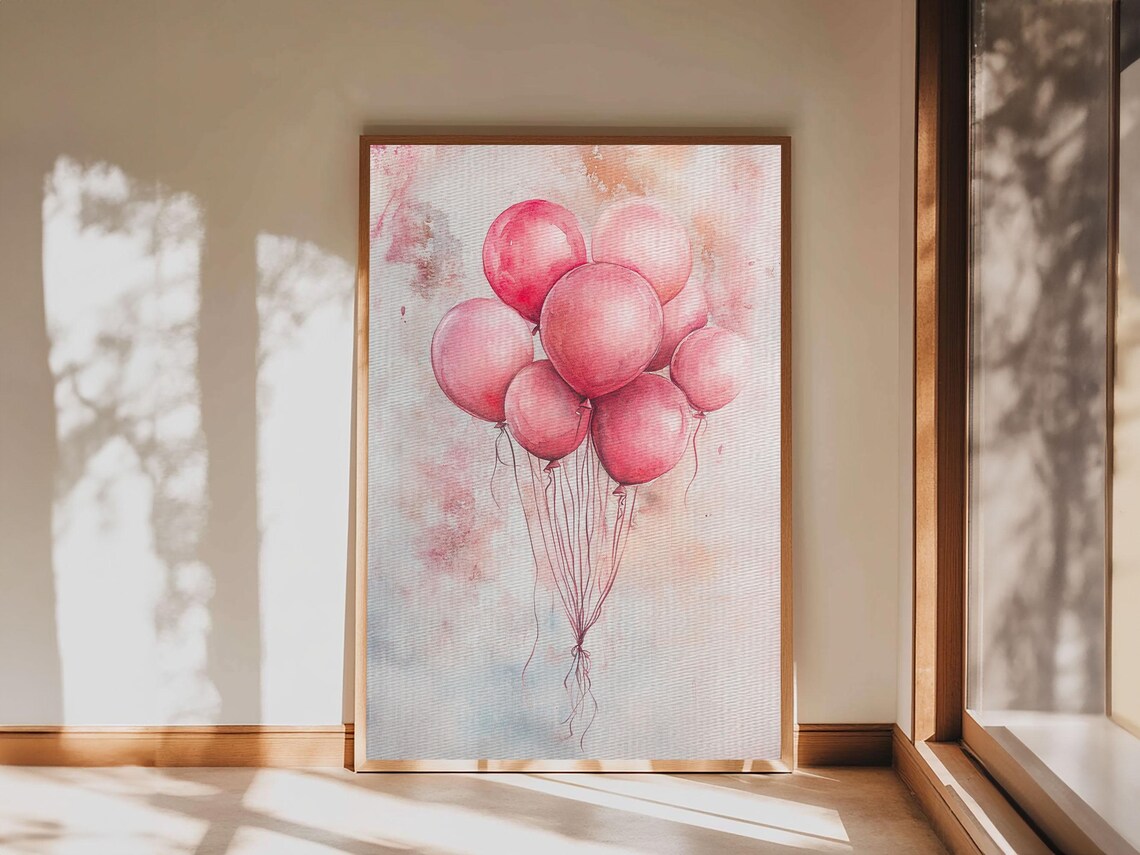 Pink Balloons Watercolor Whimsical Party Nursery Room Art Print - Image 2