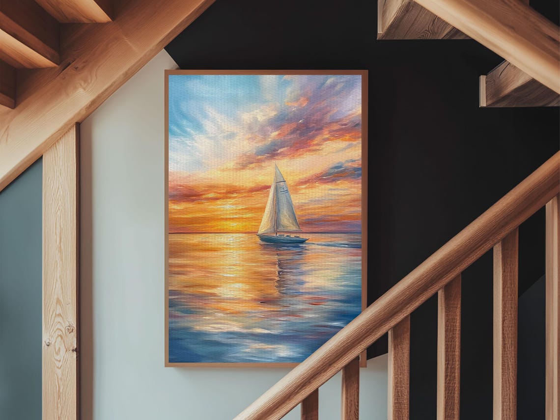Sailboat At Sunset On Calm Ocean Vibrant Sky Nautical Wall Art Print - Image 2