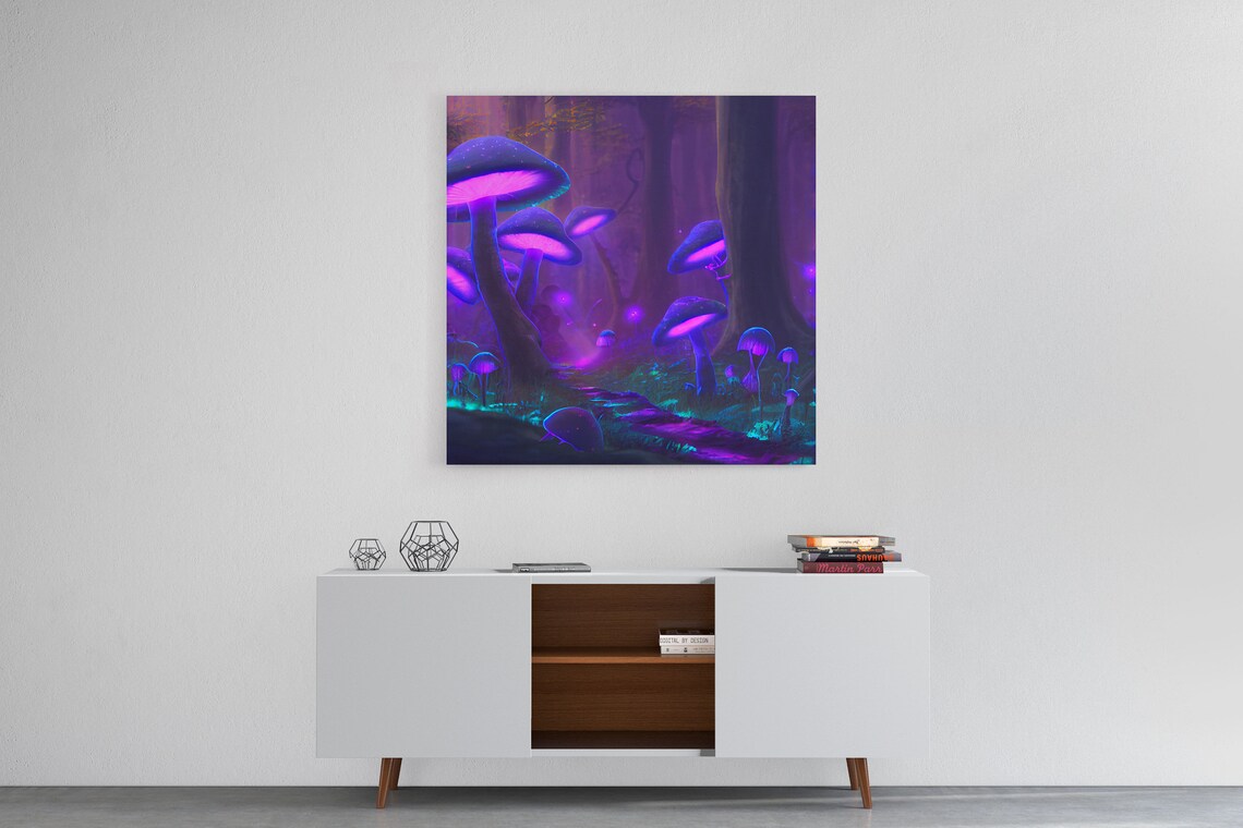 Bioluminescent Glowing Mushrooms In A Magic Forest Fantasy Art Framed Print Wall Art Decor - Image 6