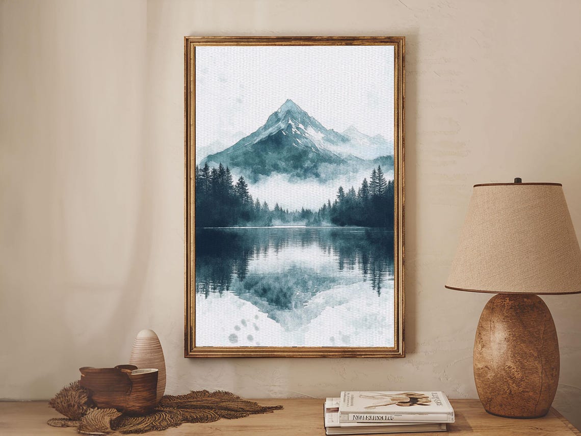Foggy Mountain Lake Watercolor Misty Pines Serene Landscape Poster - Image 4