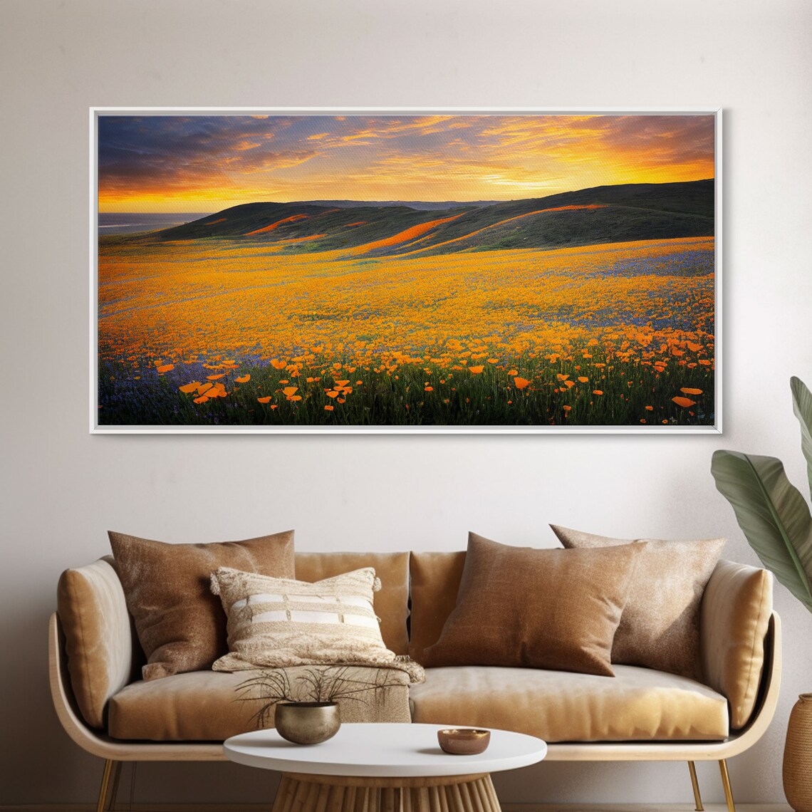 Orange Poppy Field Rolling Hills At Sunset Golden Hour Panorama Print