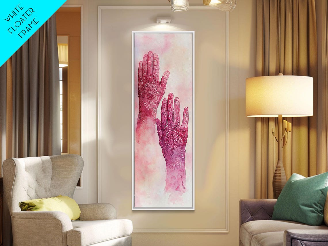 Intricate Henna Hands Painting Framed Print Featuring Unique Pink Wall Art With Subtle Geometric Design Therapy Art Theme - Image 3